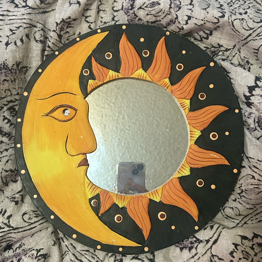 90’s Celestial Sun and Moon Wall Wooden Vintage Mirror Decor - Black and Orange - Picture 2 of 6